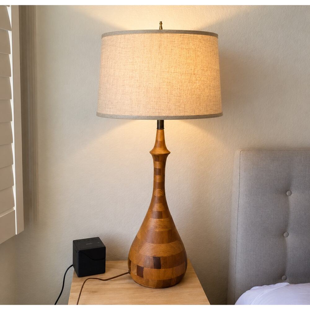 Vintage Mid-Century Modern Solid Wood 2 tone Bulbous Shape Lamp mid century